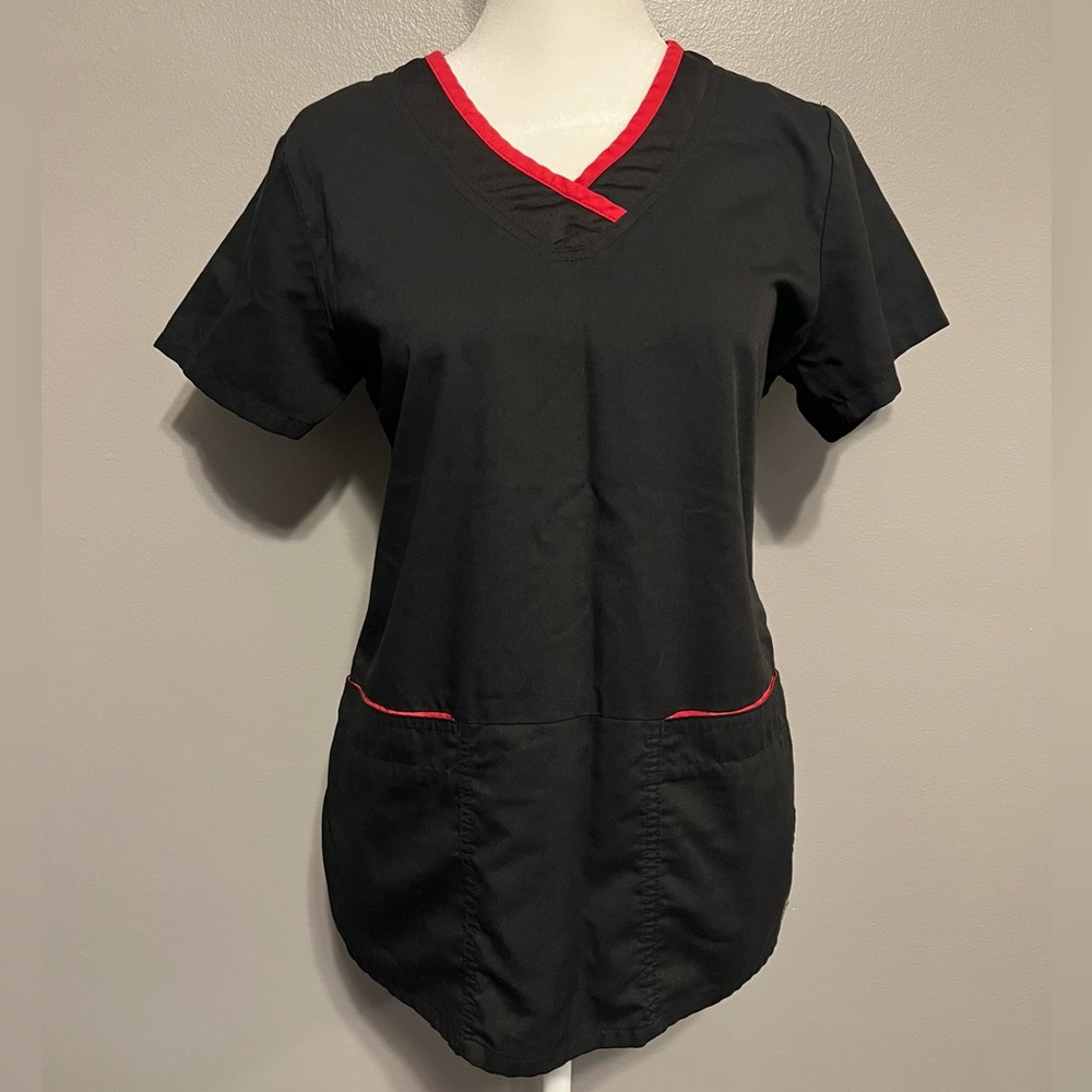 Grey’s Anatomy Black Scrub Top with Pink/Red Details, Size Small